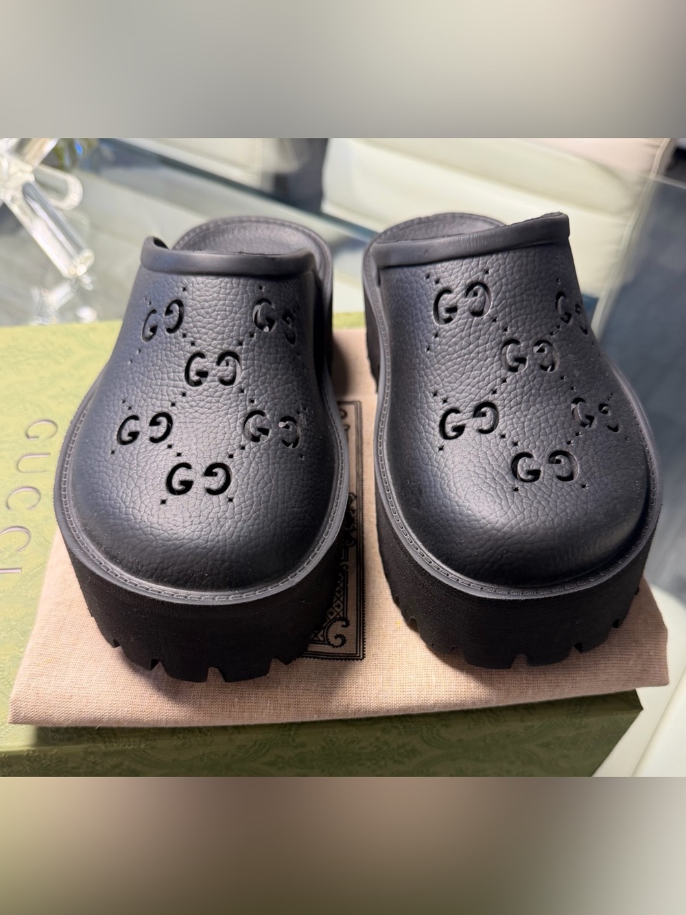 Gucci Black Perforated GG Platform Clog Mules - Picture 3 of 10